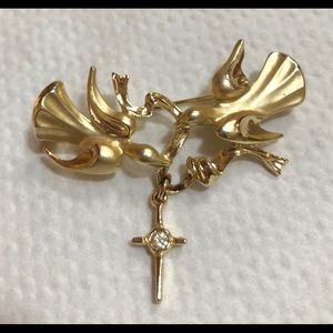 Vintage GIUSTI Dove and Cross Gold Tone Brooch
